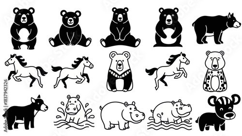 Black and white animal illustrations bear horse hippo goat vector design