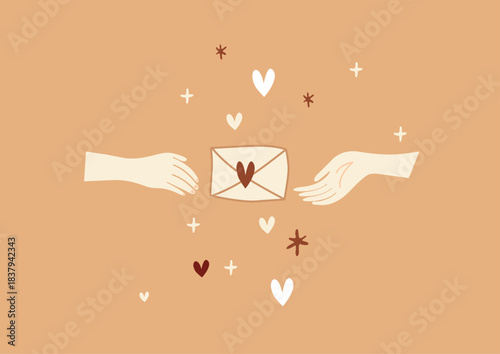 Doodle-style Love Letter: Pale hands exchange a Love Gesture adorned with stars and hearts. Ideal Valentine's Day postcard or article illustrations