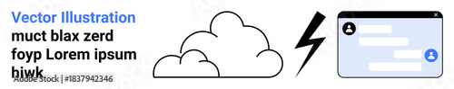 Cloud computing, data sharing, online communication, messaging apps, flash storage, wireless services. Visual elements include a cloud, a lightning bolt and a messaging interface. Cloud computing