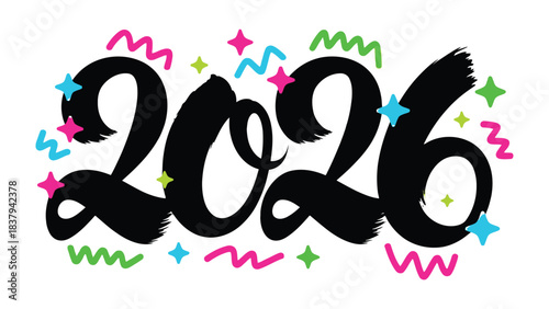 2026 Typography: A dynamic display of the year 2026, embellished with lively confetti, conveying anticipation for the future and upcoming celebrations.