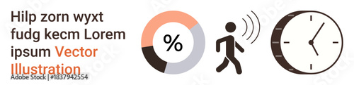 Business analytics, time management, productivity, statistics, monitoring, technology. Contains a percentage pie chart, walking figure with motion sensor and clock. Business analytics and time