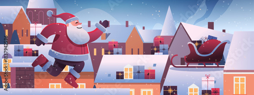 Santa Christmas New Year 2026 rooftop scene Santa running on snowy roofs toward sleigh with gifts festive winter night houses snow falling