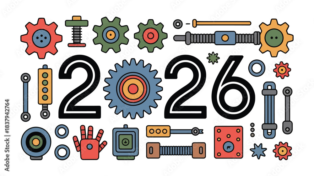 Obraz premium Innovation Gears: A visually compelling illustration showcases the numbers 2026 creatively integrated with gears, mechanical components, symbolizing progress and innovation.