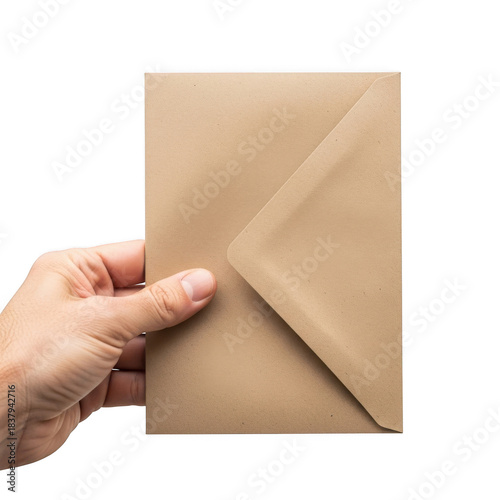 Hand holding kraft paper envelope for mailing or sending greetings