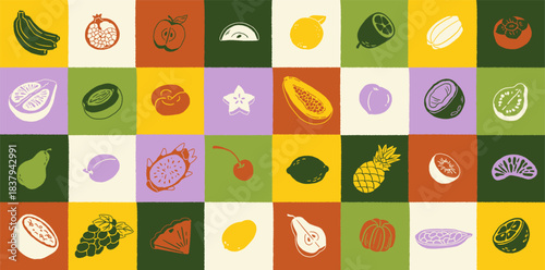 Set of square frames with hand drawn fruits. Colourful collage with tropical food- exotic pineapple, fresh apples, organic berries, bananas, cut kiwi and natural lemon. Flat vector illustration