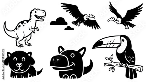 Black and white animal illustrations of dinosaur birds and other creatures