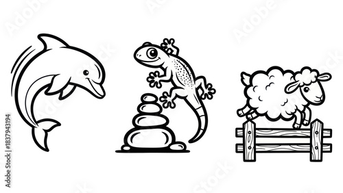 Black and white animal illustrations of dolphin lizard and sheep jumping