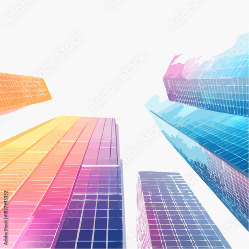 Vibrant abstract cityscape with modern skyscrapers, viewed from below, symbolizing urban development and architectural innovation through colorful geometric design