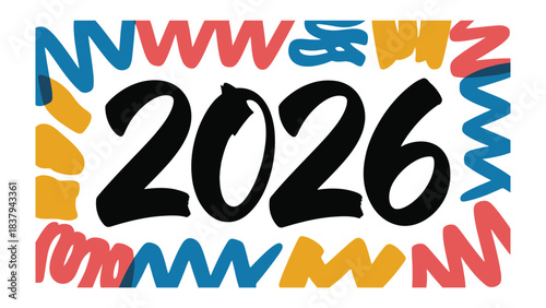 Year 2026 Typography Design: The year 2026, creatively displayed with colorful abstract elements, a bold and optimistic design, suitable for futuristic concepts and forward-thinking visions.