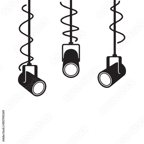 Hanging stage spotlights silhouette vector. Three black studio ceiling lamps or theater lights illustration isolated on white background. Industrial interior lighting fixture design.
