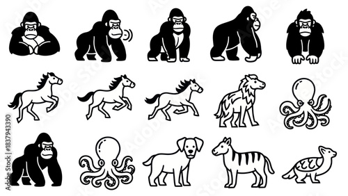 Black and white animal illustrations gorilla horse octopus dog zebra turtle