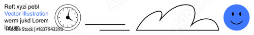 Time management, productivity, positivity, conceptual art, modern design, simplicity. Clock, line movements cloud blue happy face. Time management and productivity concept