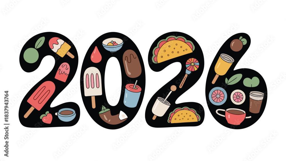 Φωτογραφία Year of Delights: A whimsical illustration of the year 2026, creatively formed by an array of delectable treats, each number representing the deliciousness to come
