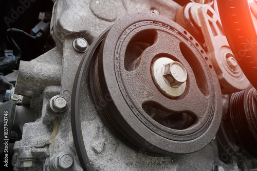 Photography car engine close-up, crankshaft pulley