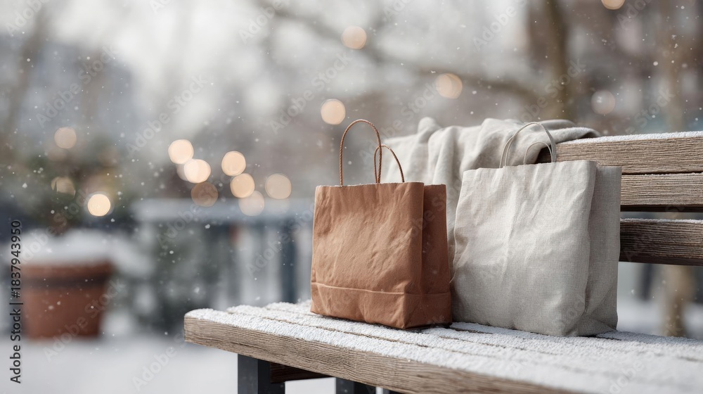 Obraz premium Wooden bench with two brown paper bags on it. the bags are placed side by side on the bench, with one bag on the left and the other on the right.