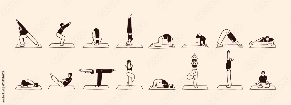 Obraz premium Doodle set of people practice yoga postures. Men and women do sports exercises, meditation in asanas. Characters are training warrior, tree and lotus poses. Flat isolated outline vector illustrations