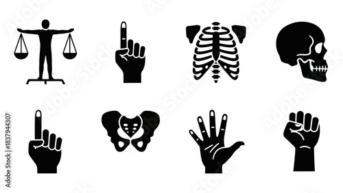 Black and white icon set featuring anatomy law and gestures