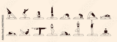 Doodle set of people practice yoga postures. Men and women do sports exercises, meditation in asanas. Characters are training warrior, tree and lotus poses. Flat isolated outline vector illustrations