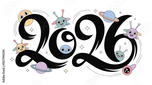 Futuristic Year 2026: An enchanting, futuristic illustration showcasing the year 2026, embellished with whimsical celestial bodies and charming extraterrestrial figures.