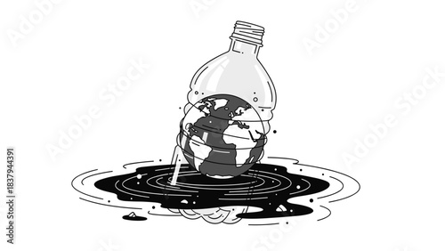 Plastic bottle floating in polluted water with Earth illustration  