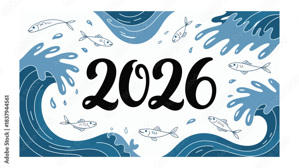 Obraz premium 2026 Aquatic Imagery: A vibrant illustration showcasing the year 2026 amidst stylized waves and swimming fish, evoking a sense of marine life and anticipation.
