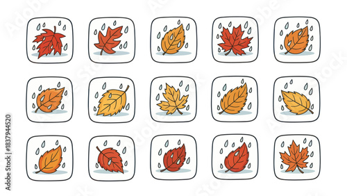 Autumn leaves in rain seasonal icon set for design and illustration
