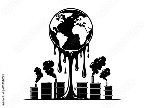 Earth dripping with oil from industrial barrels and factory smokestacks  
