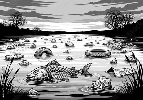 Polluted lake with discarded waste and dead fish in monochrome  