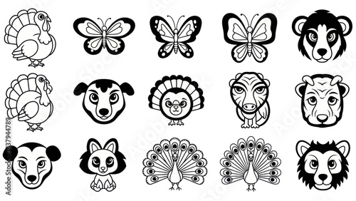 Black and white animal illustrations turkey butterfly bear and peacock designs