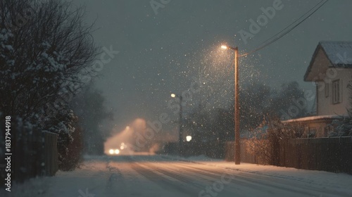 Fototapeta Naklejka Na Ścianę i Meble -  Snowy street at night. the street is covered in snow and there are trees on both sides of the road. on the right side of the image, there is a small house with a sloping roof.