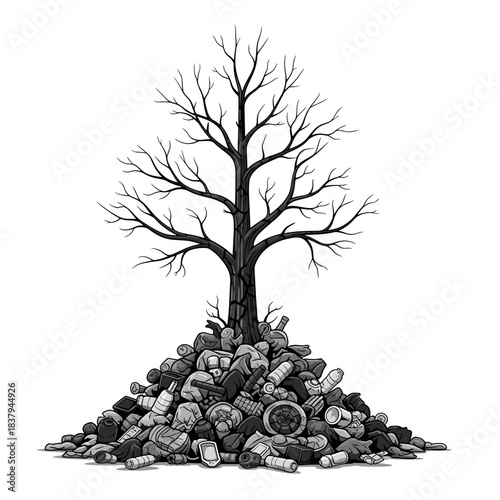 Tree on pile of waste illustrating environmental pollution  