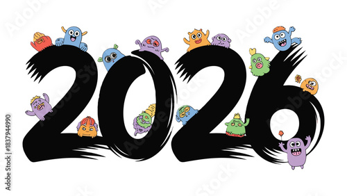 Year 2026: An Illustration of playful and colorful characters celebrate the New Year. The scene radiates joy and festivity as it anticipates new beginnings.
