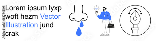 Health issues, creativity, design concepts, business solutions, innovation, visual elements. Nose with a tear drop, man holding bulb and vector design icon. Health and creativity concepts