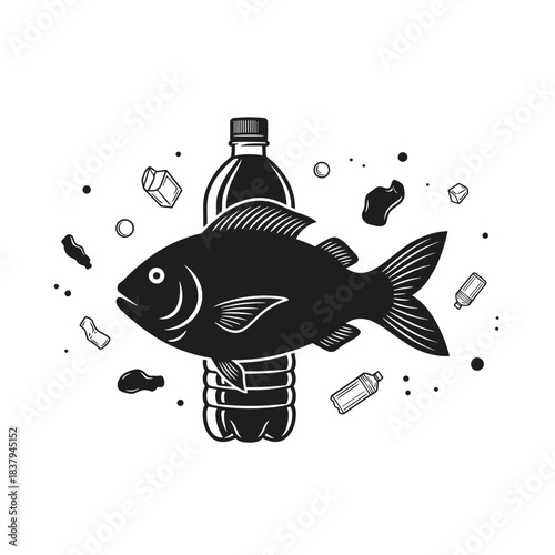 Fish surrounded by plastic waste and debris in an eco-friendly style  