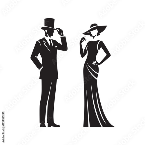 Silhouette of elegant vintage couple. Gentleman in suit tipping top hat and lady in long gown with wide brim hat. Classic black and white fashion vector illustration isolated on background.

