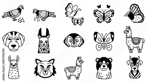Black and white animal illustrations doves butterflies and other creatures