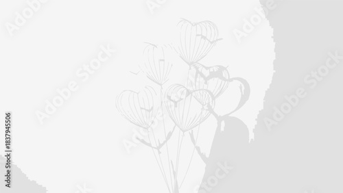 Soft shadows of heart-shaped balloons and torn paper on a light grey background, creating a delicate and romantic minimalist composition.