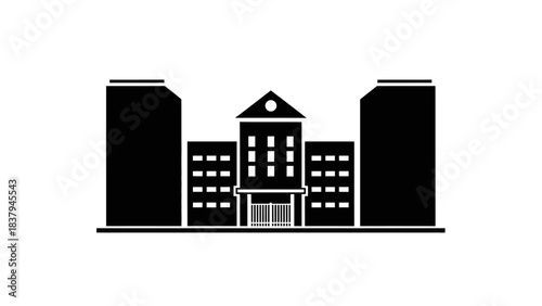 A black and white silhouette icon of a large building complex with a central structure and two taller flanking buildings, representing education or government.