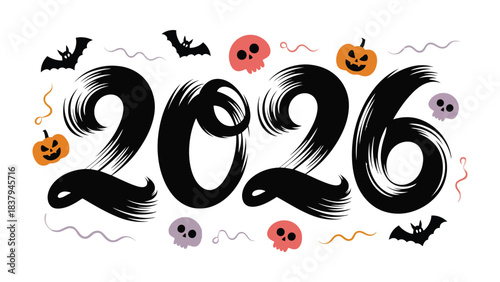 Spooky 2026 Halloween: A festive design for the year 2026, filled with classic Halloween elements, evokes a sense of playful spookiness, including grinning pumpkins, soaring bats, and eerie skulls.