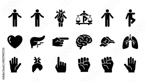 Black and white vector icons representing human anatomy concepts and figures