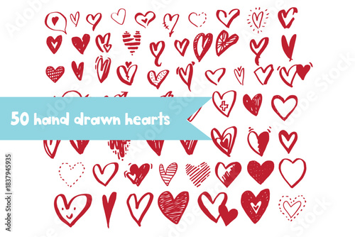 Hand drawn hearts set created in a playful sketch style. The collection includes different heart shapes, doodles, arrows and decorative elements. Perfect for Valentine’s cards, stickers, invitations, 