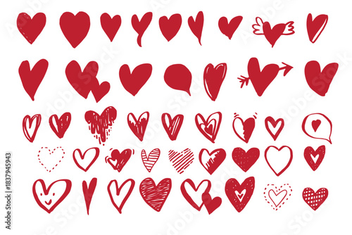 Hand drawn hearts set created in a playful sketch style. The collection includes different heart shapes, doodles, arrows and decorative elements. Perfect for Valentine’s cards, stickers, invitations, 