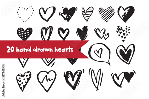 Hand drawn hearts set created in a playful sketch style. The collection includes different heart shapes, doodles, arrows and decorative elements. Perfect for Valentine’s cards, stickers, invitations, 