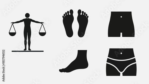 Balance feet and body silhouettes symbolic representation of concepts