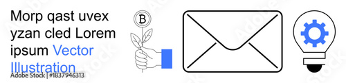 Financial growth, technology, innovation, communication, digital currency, mail systems. A hand holding a plant with a Bitcoin symbol, an envelope and a gear inside a light bulb. Financial growth