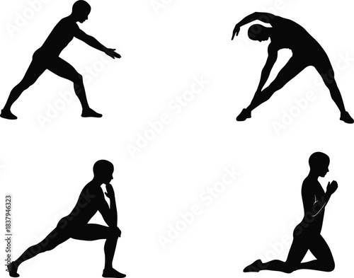 Silhouette, stretching, exercise, fitness, warm-up, yoga, lunge, pose, flexibility, workout, body, movement, balance, health, training, routine, active, posture, wellness, mobility