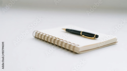 A spiral notebook with a metal pen rests on a light-toned background, conveying the simple and quiet atmosphere of writing and office scenes.