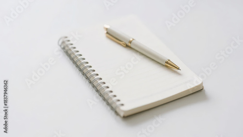 A spiral notebook with a metal pen rests on a light-toned background, conveying the simple and quiet atmosphere of writing and office scenes.