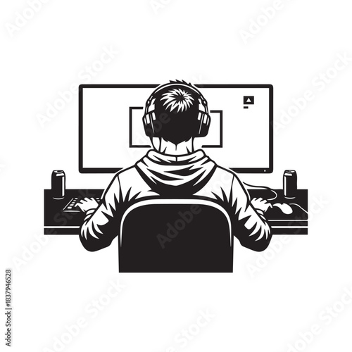 Gamer silhouette sitting at computer desk wearing headphones. Rear view of esports player or streamer vector illustration looking at monitor screen isolated on white background.
