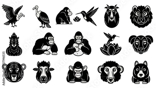 Black and white animal illustrations eagle vulture gorilla hummingbird designs